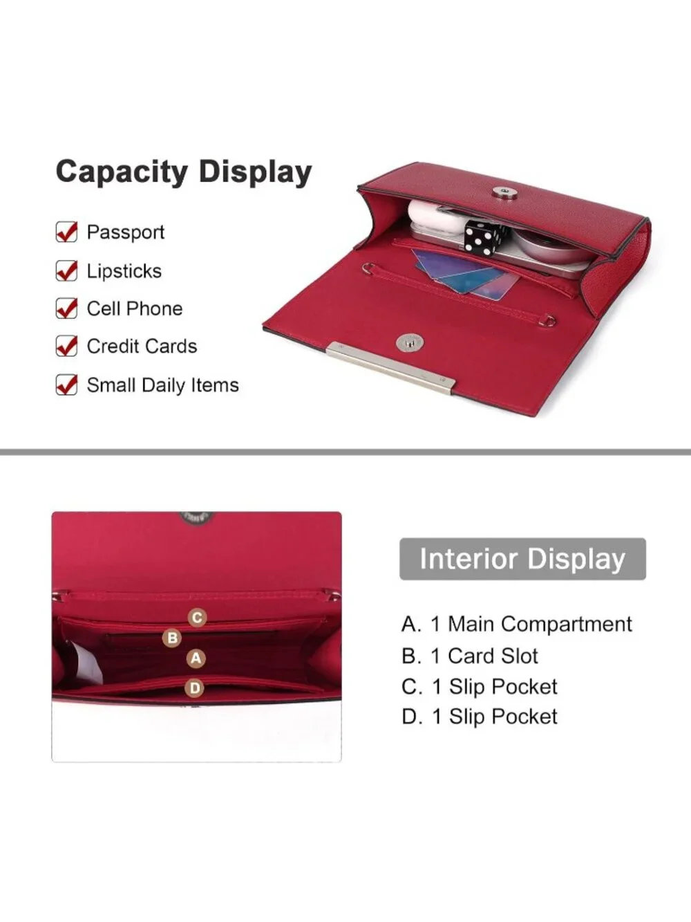 Women’s Red Clutch Purses Wristlet Vegan Leather Formal Evening Bag